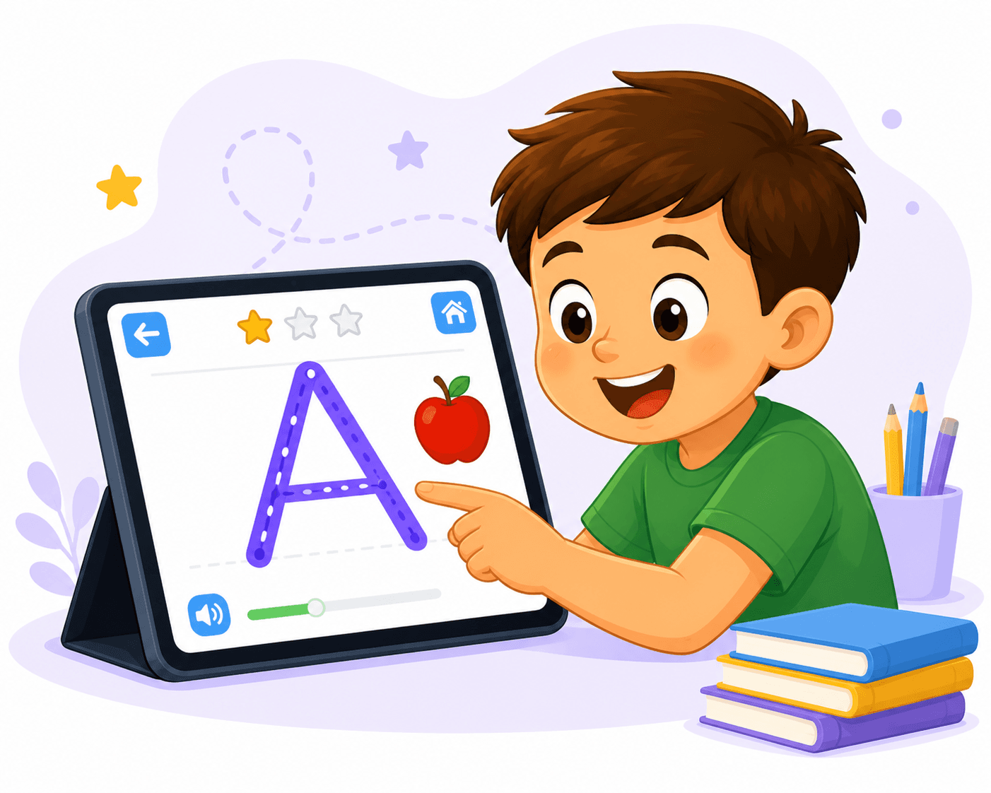 Child using a tablet to trace letters with Jompie