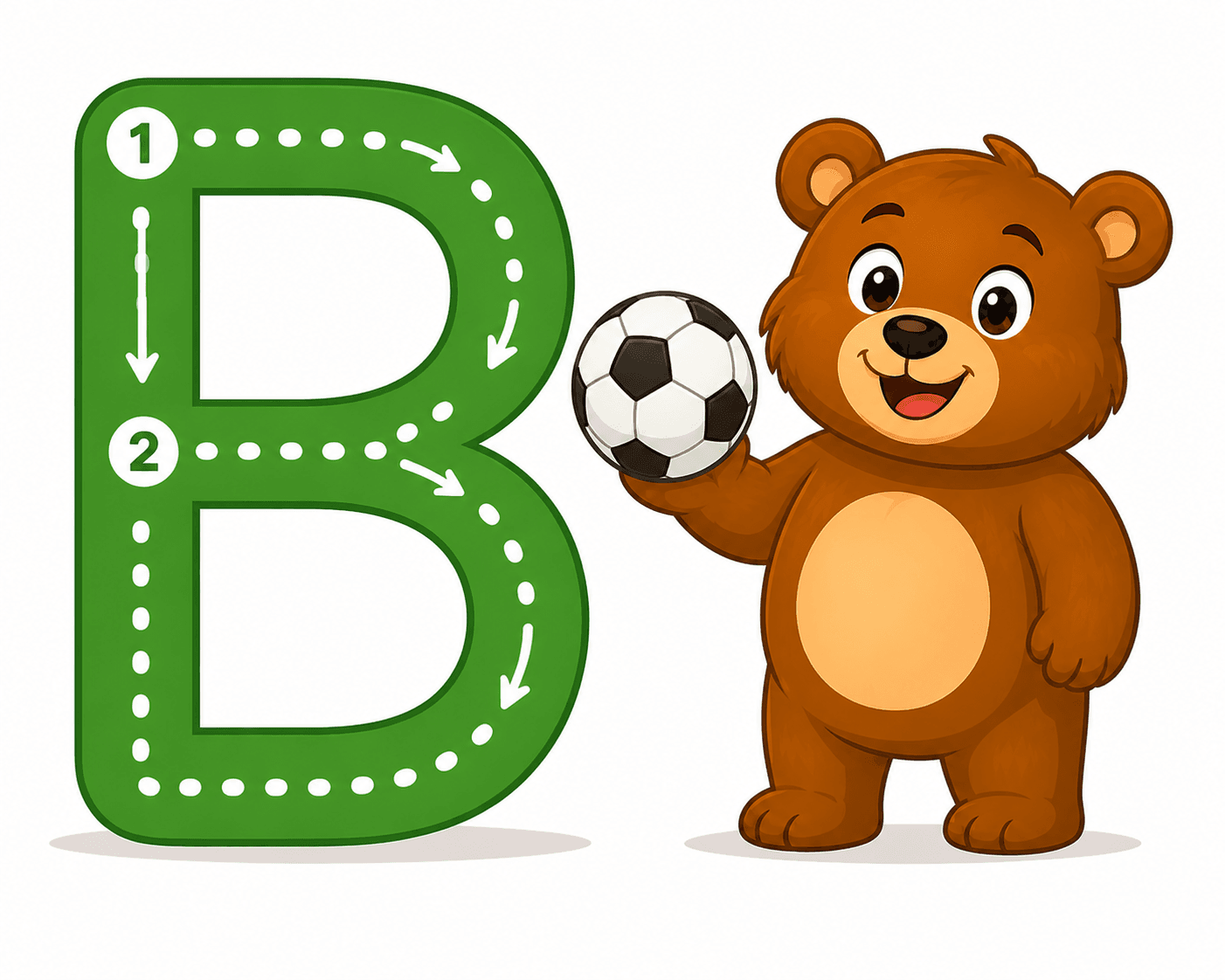 Alphabet tracing game on a tablet: letter B with a friendly bear