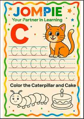 Tracing Letter C Worksheet with Caterpillar and Cake