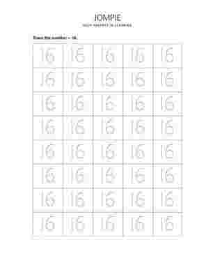 Tracing Number - 16 Worksheet for Nursery